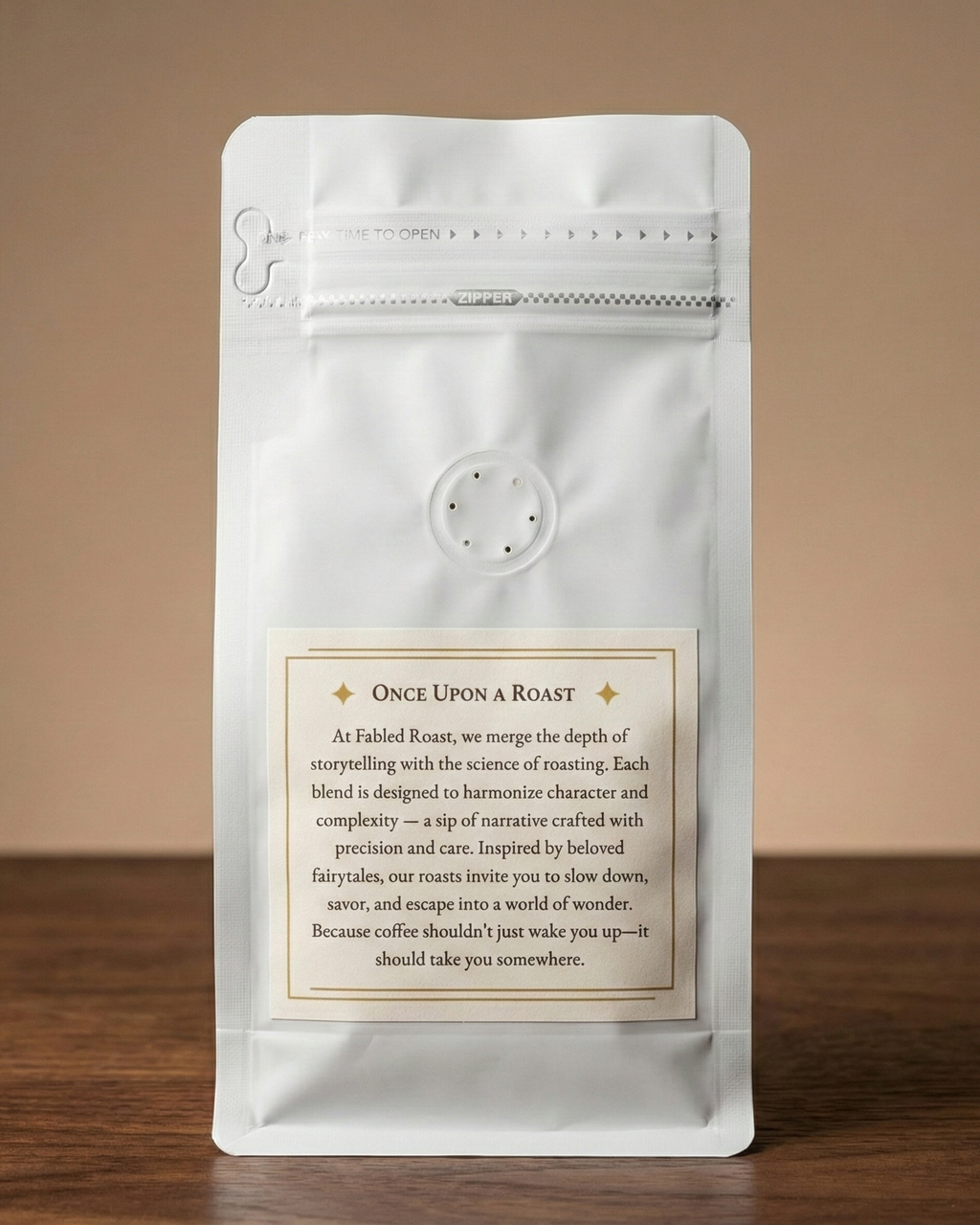 White coffee bag with text on a wooden surface and beige background