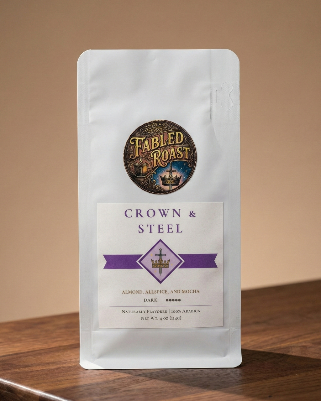 Fabled Roast coffee package on a wooden surface with a brown background