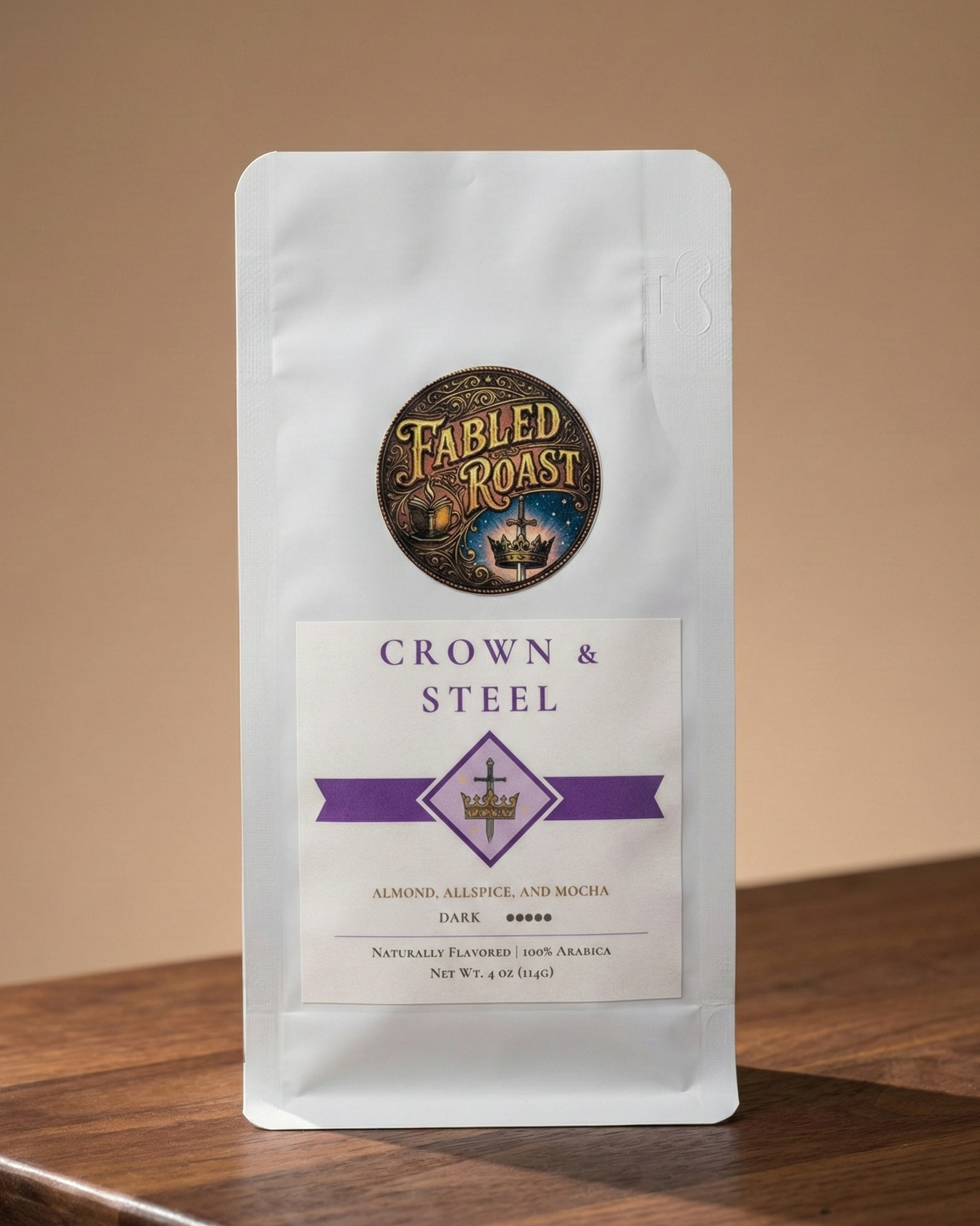 Fabled Roast coffee package on a wooden surface with a brown background