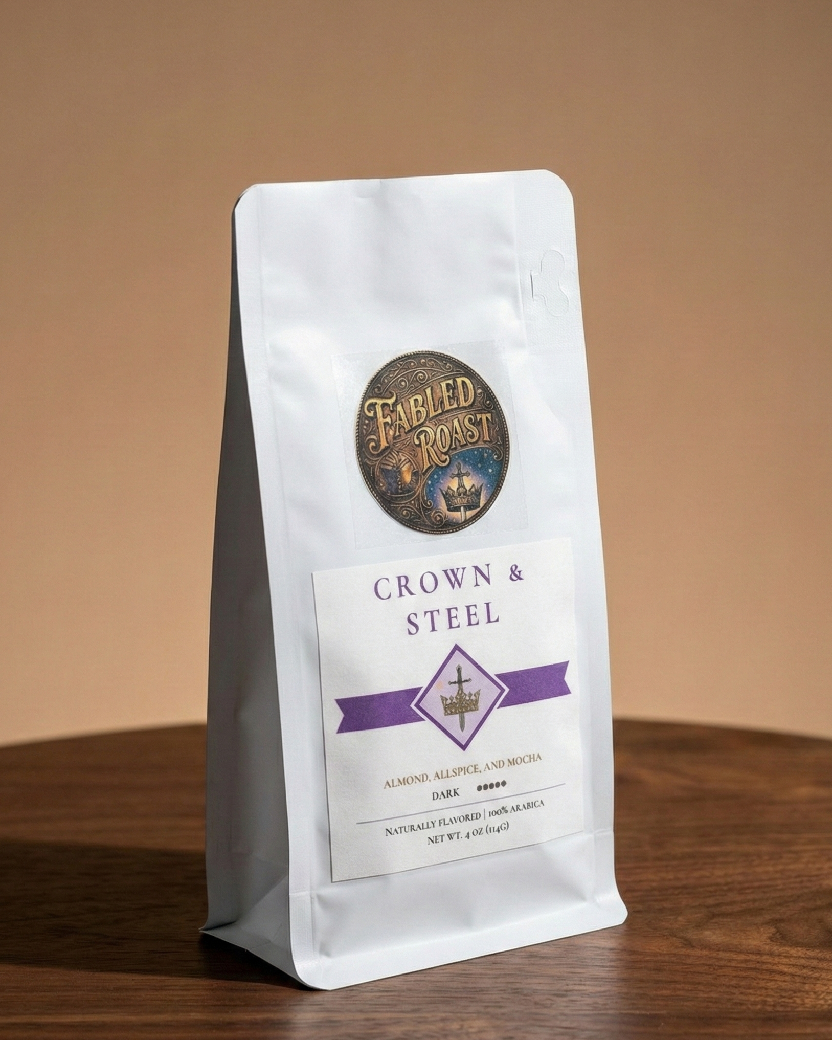 Coffee bag with 'Fabled Roast' branding on a wooden surface