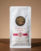 Fabled Roast coffee package on a wooden surface with a beige background