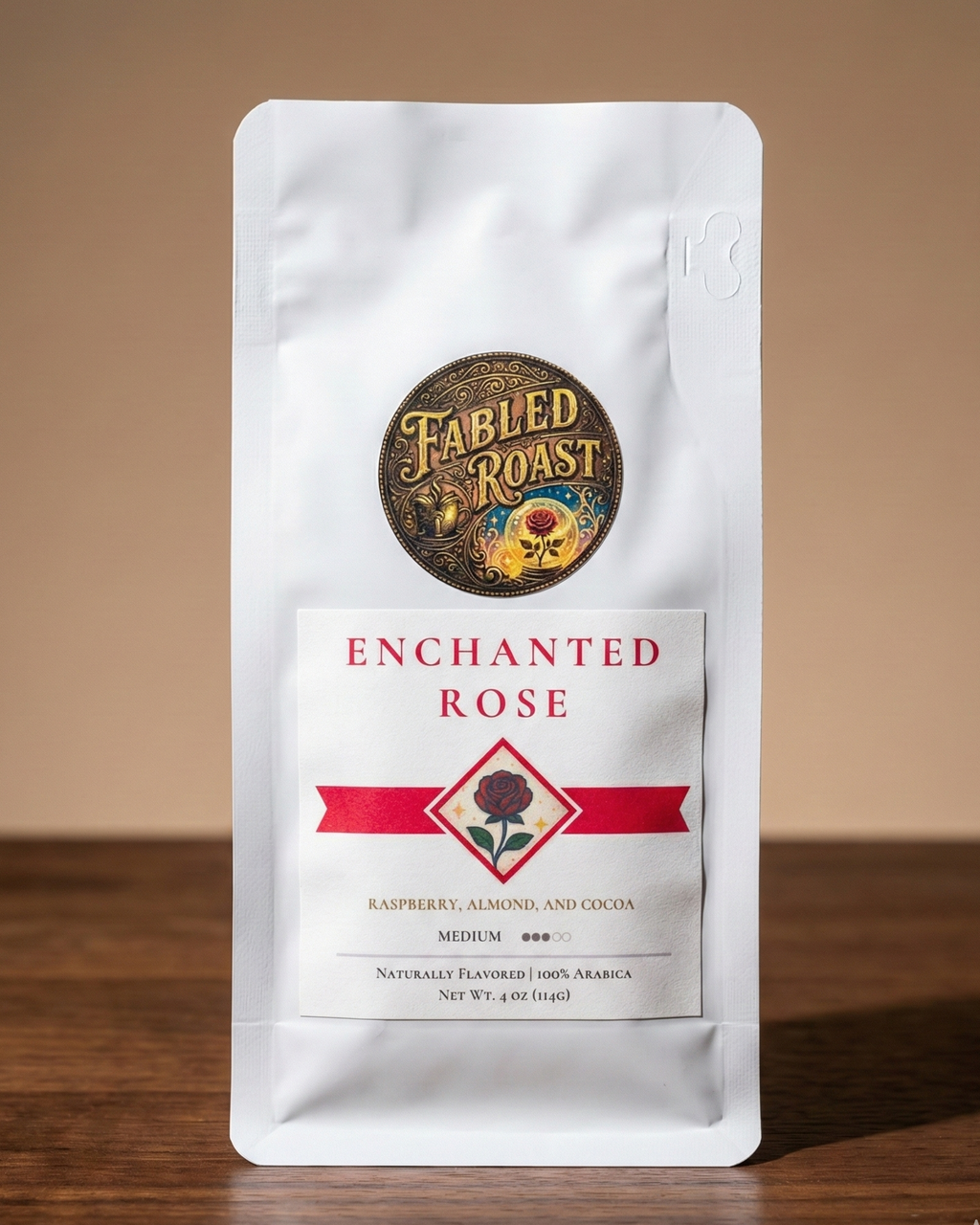 Fabled Roast Enchanted Rose coffee package on a wooden surface with a brown background