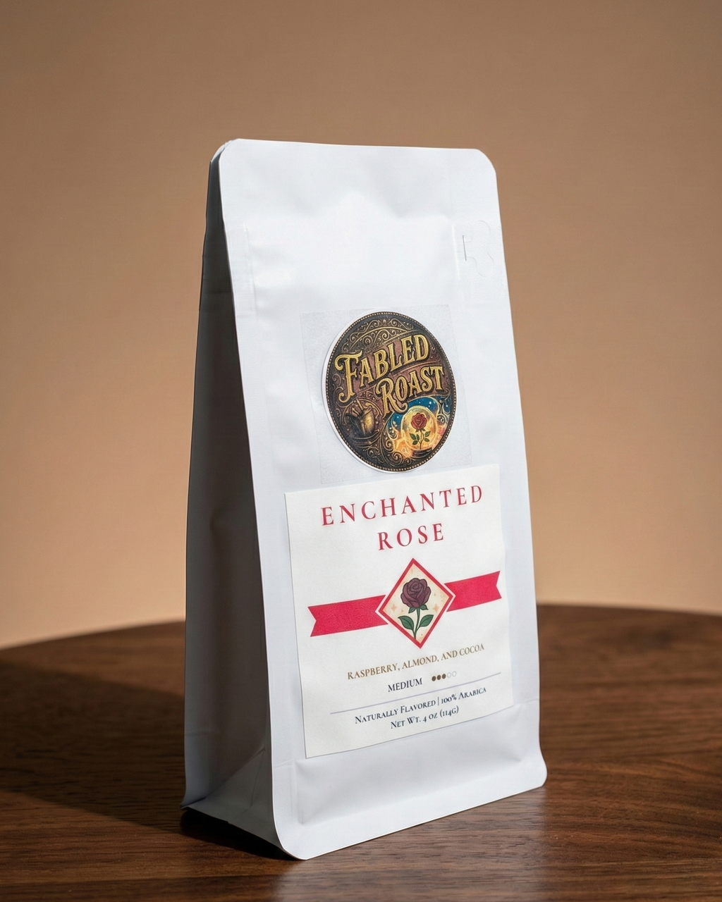 Coffee bag labeled 'Enchanted Rose' from 'Fabled Roast' on a wooden surface with a beige background