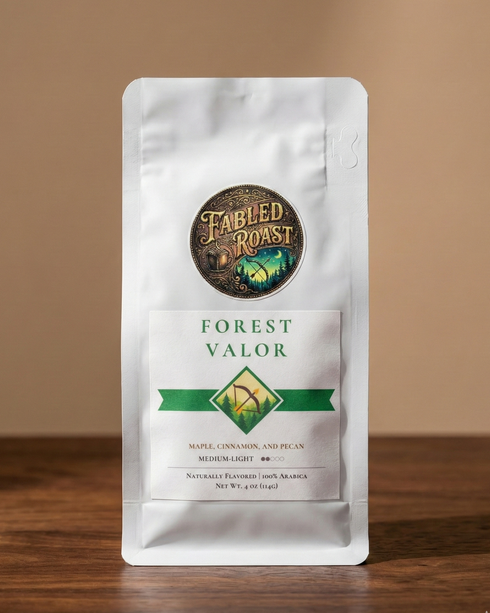 Fabled Roast Forest Valor coffee package on a wooden surface with a brown background