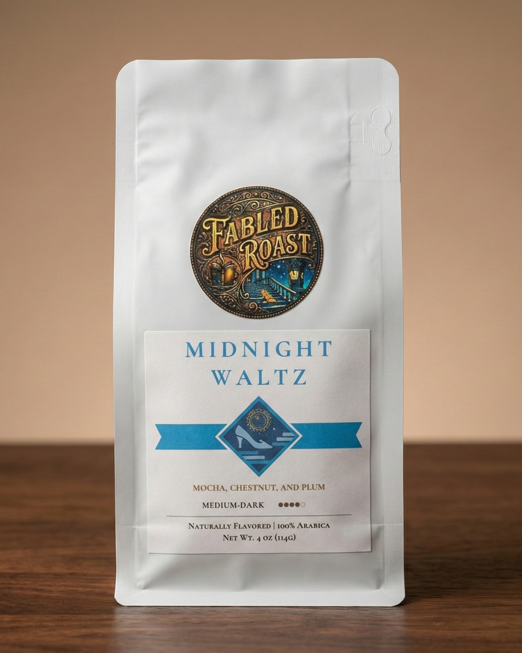 Coffee package labeled 'Midnight Waltz' by Fabled Roast on a wooden surface with a beige background
