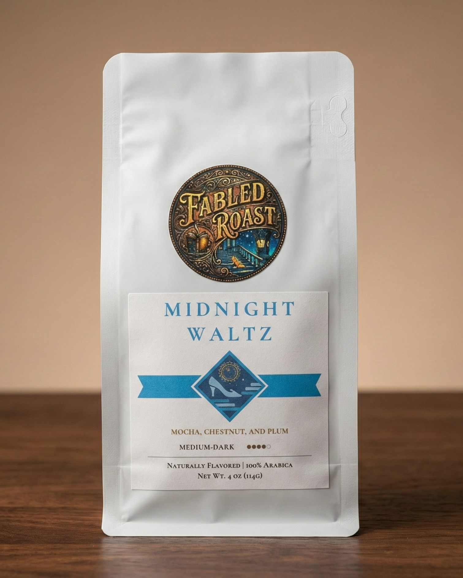 Coffee package labeled 'Midnight Waltz' by Fabled Roast on a wooden surface with a beige background