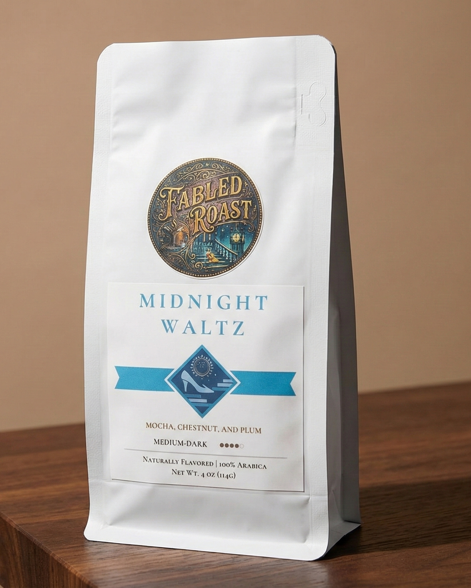 Coffee bag labeled 'Midnight Waltz' from Fabled Roast on a wooden surface with a beige background