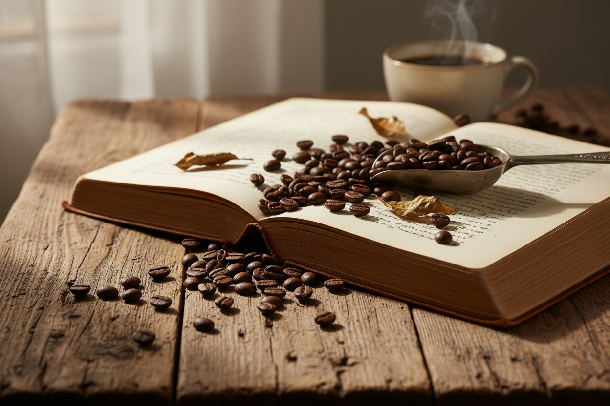 Coffee beans scattered across parchment paper book; timeless vibe