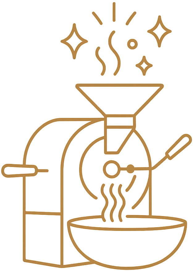 Illustration of a coffee grinder with steam and stars